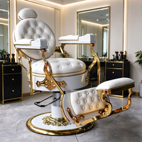 Fauteuil de Barbier Vintage de Luxe Blanc et Or Hydraulique Inclinable en Cuir Capitonnée pour Salon de Coiffure OEM – Vente en Gros