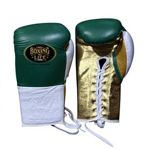 No Boxing No Life Gants de boxe en cuir vert or blanc à lacets pour entraînement adulte, fabriqués sur mesure au Mexique, gants de boxe professionnels - Product Image 1