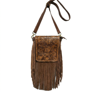 Bolso Bandolera de Cuero Genuino Marrón Oscuro con Diseño Floral y Flecos, Estilo Bohemio, Llegada 2026 - Product Image 1