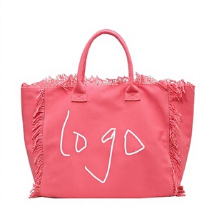 Pink <b>Canvas</b> Bohemian <b>Tote</b> Bag with Fringe Logo Design Large Capacity Open Top Handle Women Casual Daily Use - Product Image 4