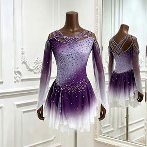 Custom Figure <b>Skating</b> <b>Dress</b> Rhinestone <b>Ice</b> <b>Skating</b> Costume Ombre Purple Mesh Spandex Competition Performance Wear for Girls - Product Image 3