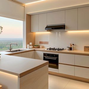 Système d'armoires de cuisine modernes multifonctionnelles en bois massif personnalisé avec style crème - Product Image 1