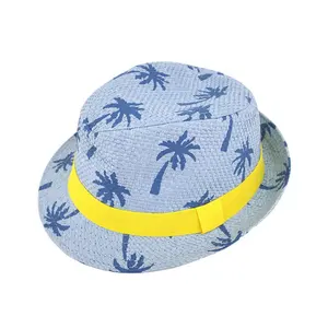 Fashion Palm Tree Offset Printing with Ribbon Cowboy panama Straw Hat for Women