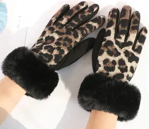 Meisjes Vrouwen Luipaard Gedrukt Handschoen Met Faux Fur Trim Op Manchet En Touchscreen Vingers
