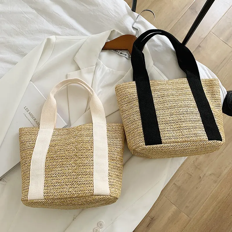 New Design Custom Logo Small Cute Woven Bucket Women Basket Straw Beach Bag