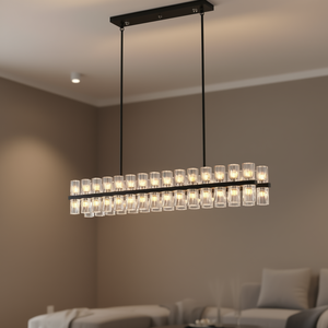 Lámpara de araña rectangular de cristal con marco negro, luz colgante LED E14 para sala de estar, comedor, 2700K, blanco cálido - Product Image 2