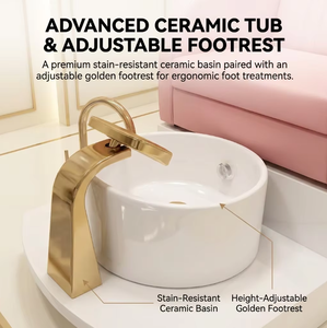 Fauteuil de pédicure rose poudré de luxe avec deux tiroirs de rangement et bassin en céramique blanc - Station de pédicure professionnelle pour techniciennes d'onglerie - Product Image 3