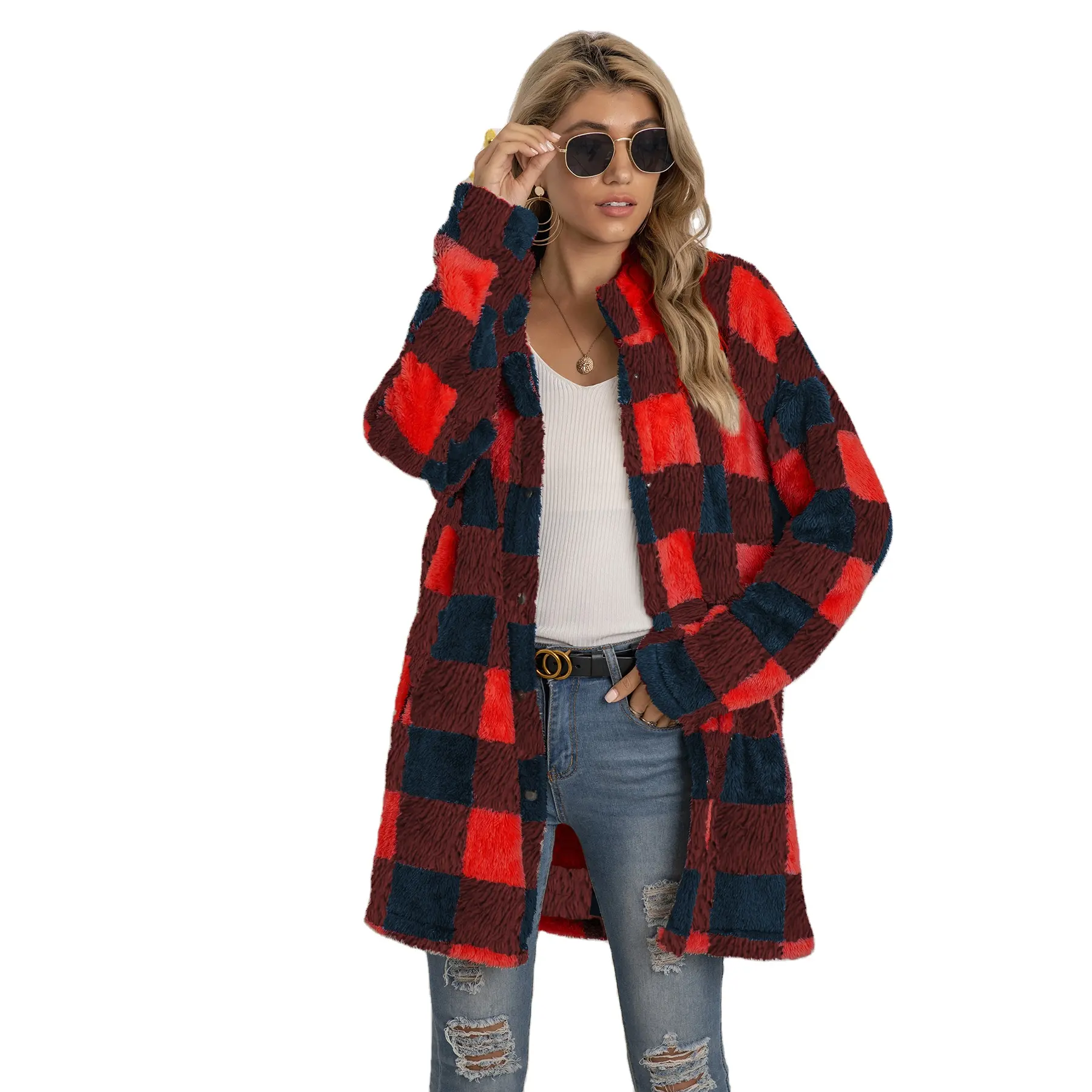 plus size wholesale winter plaid jackets clothes for women plush polyester long coats faux fur fall outfits coat fashion clothes