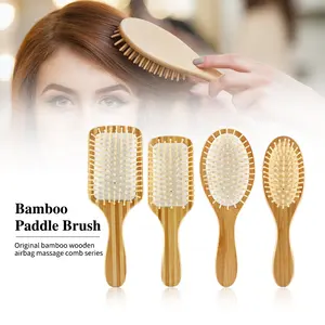 100% Pure Bamboo Detangle Hair Brush Natural Wooden Pin Paddle Massage Brush Cushion Hairbrush