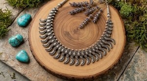 Designer Traditional Oxydized Silver Curved Feather-Link <b>Necklace</b> for Women Ethnic <b>Statement</b> Jewelry Festival Fashion Accessory - Product Image 4