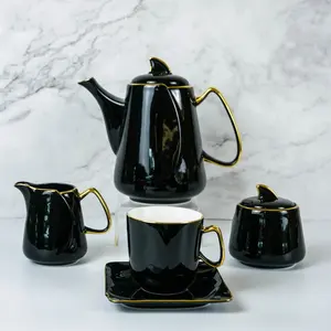 15pcs रॉयल लक्जरी कॉफी कप तश्तरी चाय के बर्तन चाय का सेट काला शीशा लगा हुआ गोल्डन रिम संभाल तुर्की अरबी डिजाइन हड्डी चीन चाय का सेट