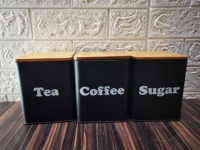 Set wadah penyimpanan logam hitam Logo kustom stoples penyimpanan kelas makanan dengan tutup bambu Pot segel aman untuk tempat penyimpanan dapur