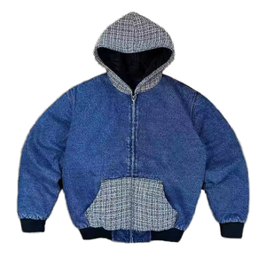 Veste à capuche en jean oversize pour homme, patchwork à carreaux, coupe-vent, décontractée, zippée, pour l'automne - Product Image 1
