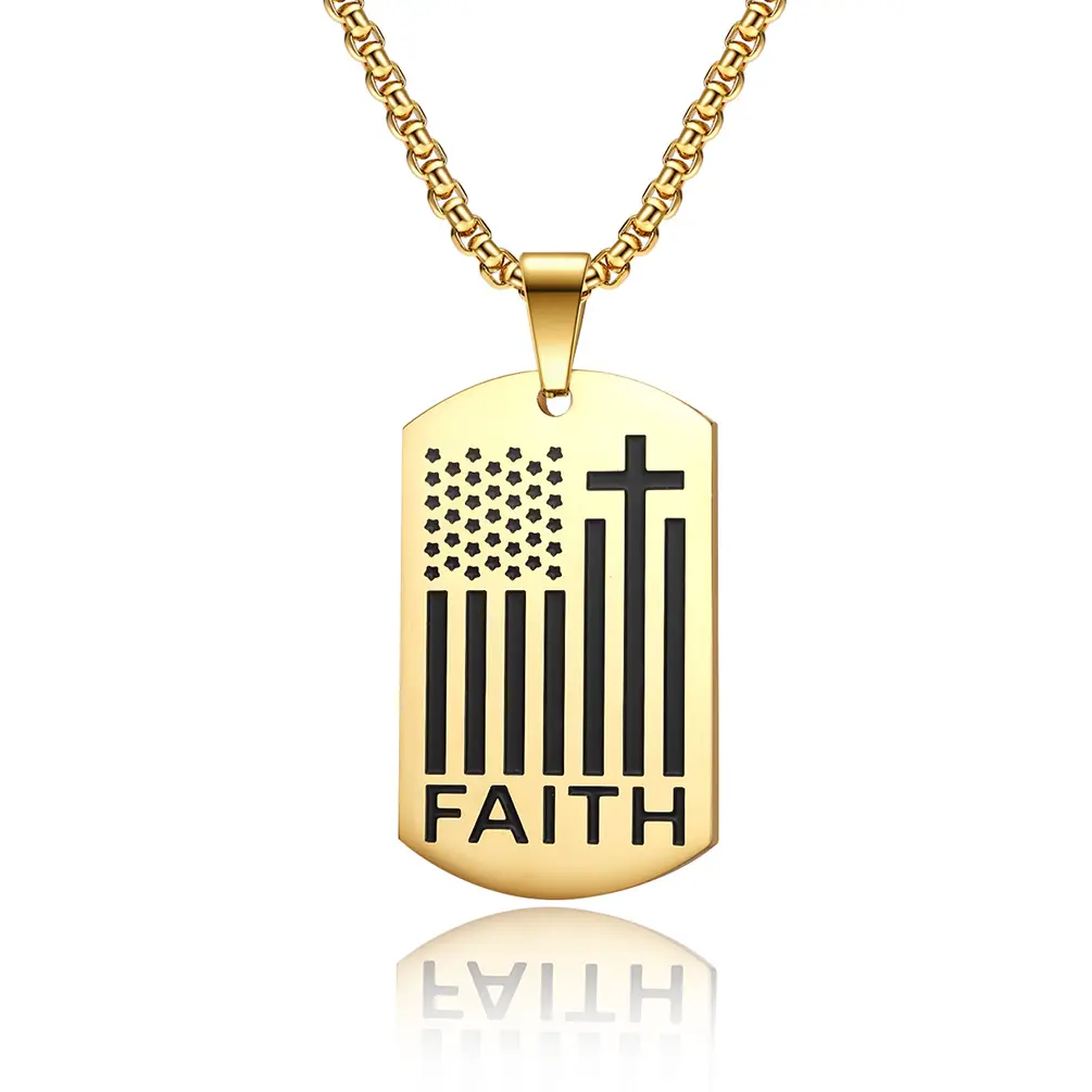 High Quality Stainless Steel Cross Pendant Necklace America Flag Faith Necklace Pendant Black Dog Tag for Men and Women