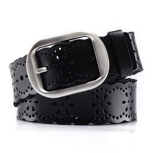 Ceinture en cuir de vachette pour femme, motif uni, boucle rectangulaire argentée, style bohème décontracté, réglable, largeur 3,5 cm, durable, une seule pièce - Product Image 1
