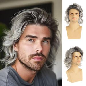 Pelucas sintéticas de longitud media <span class=keywords><strong>para</strong></span> <span class=keywords><strong>hombre</strong></span>, con raya lateral, en capas, color gris ombré, fibra resistente al calor, aspecto natural. - Product Image 1