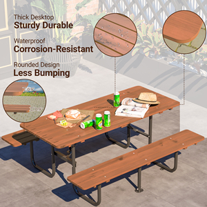 72 In Rectangular Outdoor Picnic <b>Table</b> With Built In Benches Heavy Duty Wooden Dining Set For 6 Person - Product Image 4