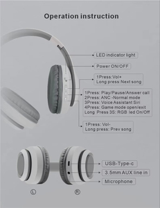 Casque sans fil supra-auriculaire D812L ANC à réduction active du bruit, lumière ambiante RGB, puce Bluetrum, Bluetooth V5.3 avec micro - Product Image 6
