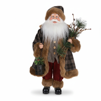 Figura de Papá Noel de Tweed con Diseño de Espiga Marrón de 90 cm con Ramo de Pino para Decoración Navideña de Cabañas