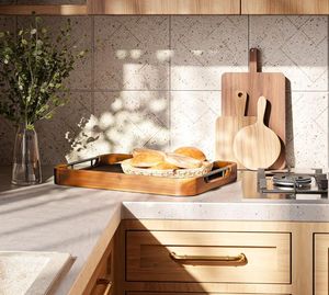 工場直販 ベストセラー 長方形 アカシア材 オットマン トレイ 大型 木製 サービングトレイ 取っ手付き リビングルーム用 - Product Image 6