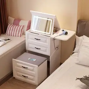 Mini tocador de tocador plateado de maquillaje de lujo con espejo de luz LED y cajón de almacenamiento para dormitorio