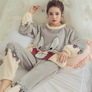 Korean Winter Soft Two Piece Set Plus Size Animal Outside <strong>Flannel</strong> <strong>Lady</strong> Long Sleeved O Neck <strong>Pajamas</strong> <strong>Pajamas</strong> Women - Product Image 3