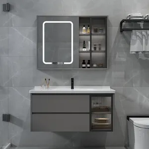 Meuble-lavabo mural moderne gris/blanc avec vasque simple, miroir LED tactile étanche et éclairé, nouveau design, pour salles de bain simples - Product Image 5