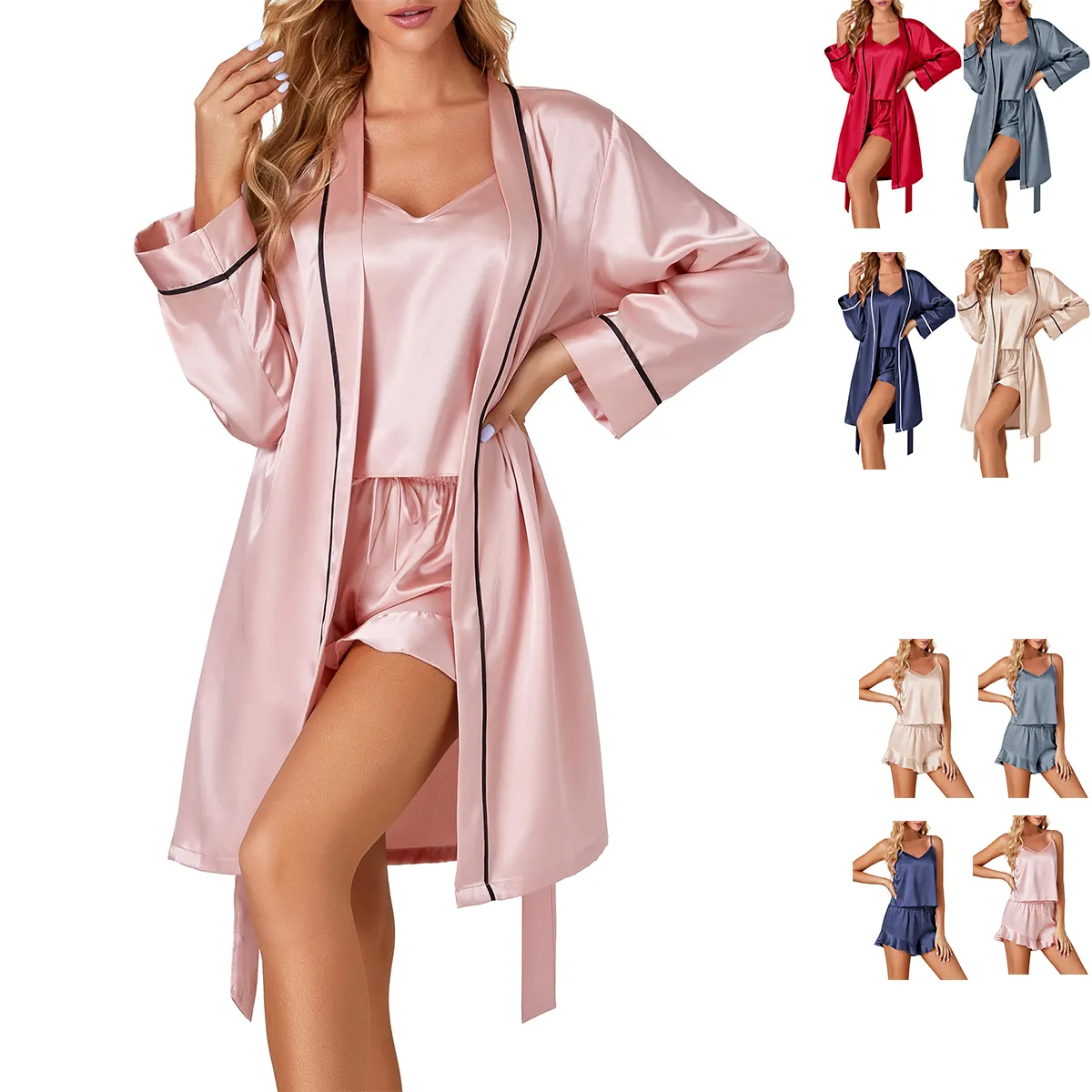 Wholesale Luxury Silk Satin Sleepwear 3pcs Shorts Modal Cami Top Bridal Bathrobe Party Robe Bath luxury Pajamas Set For Women