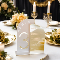 Numéros de table et menus de mariage modernes en acrylique durable, écologiques, dorés, givrés, à double demi-arche, pour réception de mariage