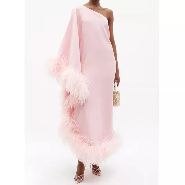 SP211023YWJO Spandex Cotton Feathers Women Autumn Solid Color Long Sleeve Feather Dress