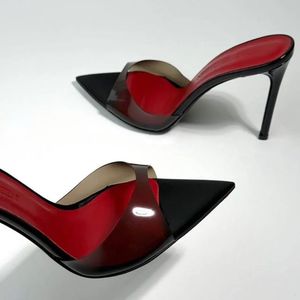 Sandalia Salto Feminina Transparent PVC Pointed Toe <b>Mules</b> High Heels Stiletto Red Insole Slip-on Sandals Heels - Product Image 2