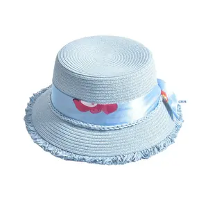 Desain baru kustom Logo gaya musim panas topi jerami untuk wanita datar atas Dooby gaya pita dibuat untuk perjalanan luar ruangan pesta