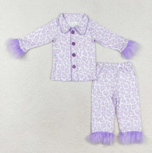 High Quality Children Faux Fur Cuff Sleepwear Set Kids Collared Button Front Top And Long Pants Pajamas - Product Image 3