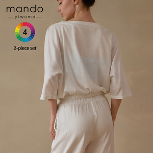 Set in Lino Personalizzato con Design di Alta Qualità, Top a Maniche Medie con Scollo a V Incrociato e <span class=keywords><strong>Pantaloni</strong></span> in Lino per Sport - Product Image 3