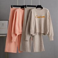 Ensemble 2 pièces décontracté pour femme avec logo personnalisé, broderie sur mesure, pull à col rond et épaules tombantes, pantalon taille haute à jambes larges