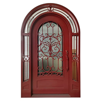 Puerta de Entrada Moderna Antirrobo de Hierro Forjado con Arco Completo, Patrón de Espiral Rojo y Vidrio Lateral para Exteriores de Villa