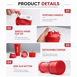Bouteille de shaker de protéines portable à 3 compartiments avec logo personnalisé, pour la salle de sport, les voyages et le sport, sans BPA, gobelet de mélange pour la remise en forme - Product Image 5