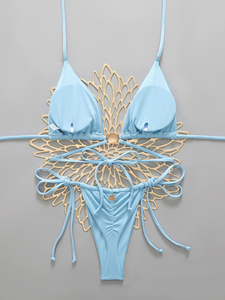 Conjunto de Bikini Azul Cielo para Mujer, Color Sólido, Detalle Metálico, Traje de Baño Sexy de Dos Piezas para Playa - Product Image 2