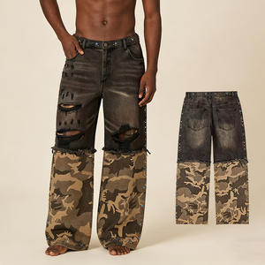 Pantalon en <span class=keywords><strong>jean</strong></span> noir délavé pour homme, coupe ample, jambe large, avec empiècements camouflage et strass, par Mean Jeans Denim - Fabricant de pantalons pour homme - Product Image 1