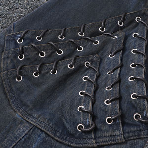 Celana Jeans Pria Cotton Fashion Nova Rajutan Musim Dingin Streetwear Pinggang Tinggi Custom Pita Rumbai Lubang Patchwork Model Kaki Melengkung - Product Image 5