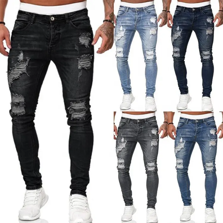 2021 Jins Ketat Robek Pesanan Khusus Rendah Moq Rendah Jeans Kurus Rock Revival Ramping Tumpuk untuk Pria