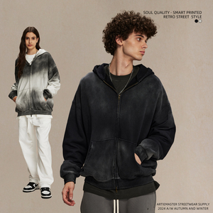 Men's Retro Old Fashion <b>Hoodie</b> High Quality Custom Embroidery 3D Oversize Loose Wash <b>Thin</b> Style Long Dirty Dyeing Print - Product Image 3