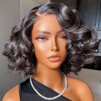 Perruque Courte Bob Ondulée Body Wave Femme Noire 13x4 Full Frontal, Cheveux Humains Style Ocean Wave, 12 Pouces