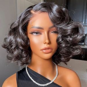 Perruque Courte Bob Ondulée Body Wave <span class=keywords><strong>Femme</strong></span> Noire 13x4 Full Frontal, <span class=keywords><strong>Cheveux</strong></span> Humains Style Ocean Wave, 12 Pouces - Product Image 2