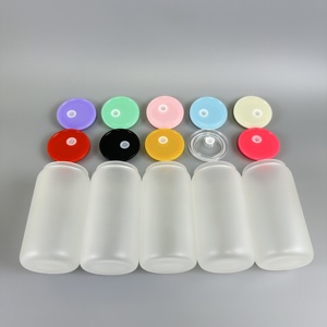 USA warehouse 16oz frosted clear blank sublimation glass mason jar cups beer shaped glass can with plastic lid and straw