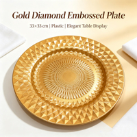 Assiette de présentation en plastique PP double couche, dorée par poudrage, motif soleil diamanté en relief, pour banquets et mariages