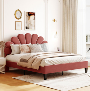 Modern Adjustable <b>Queen</b> <b>Size</b> Red Velvet Upholstered Eco-Friendly Platform <b>Bed</b> Floral Pattern Headboard Soft Style Bedroom - Product Image 1