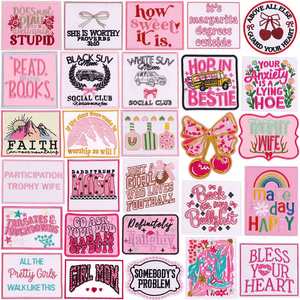 Nuevo parche termoadhesivo bordado cuadrado rosa con motivos de Niña, Mamá, Cereza, Fe y Lectura de Libros para decoración de ropa y sombreros - Product Image 1