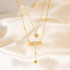 Collar de acero inoxidable en capas con forma de corazón, cadena doble para la clavícula, regalo para mamá - Product Image 4