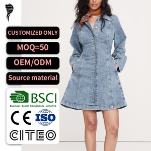 Vestido vaquero retro francés OEM personalizado para mujer, vestido vaquero con botones, lavado ácido, corte recto, estilo casual acampanado - Product Image 1